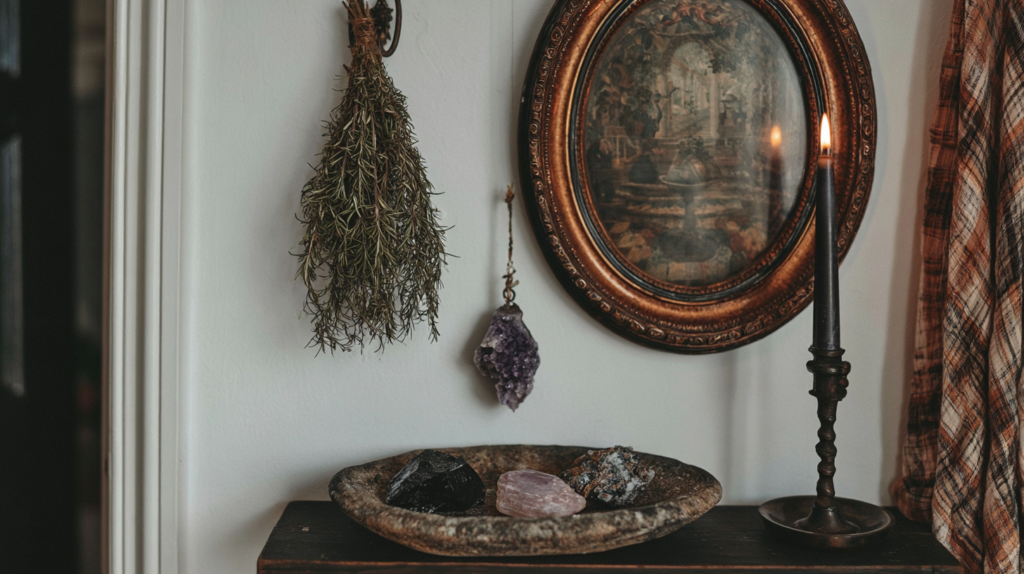 Boho home decor with dried herbs, amethyst and crystals in a stone bowl, vintage framed art, and a lit black taper candle.