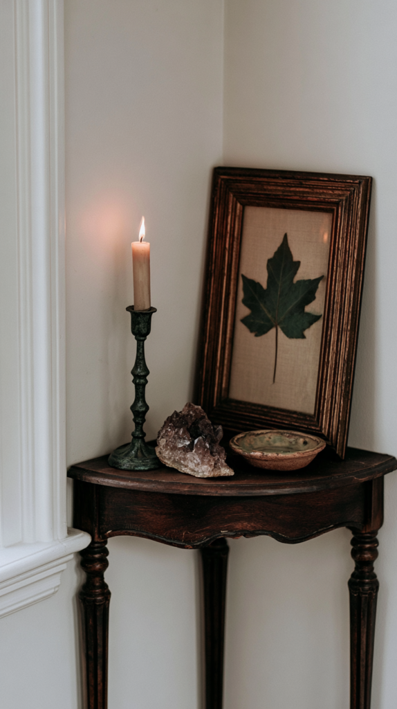 witchy-entryway-corner2 Vintage corner table with lit candle, framed pressed leaf art, amethyst crystal, and rustic bowl in cozy home decor.
