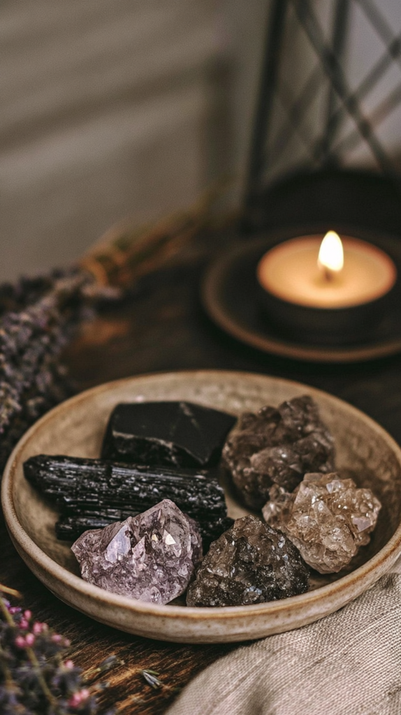 witchy-entryway-crystals Healing crystals in ceramic bowl—amethyst, black tourmaline, smoky quartz—beside lit candle and lavender on rustic table.