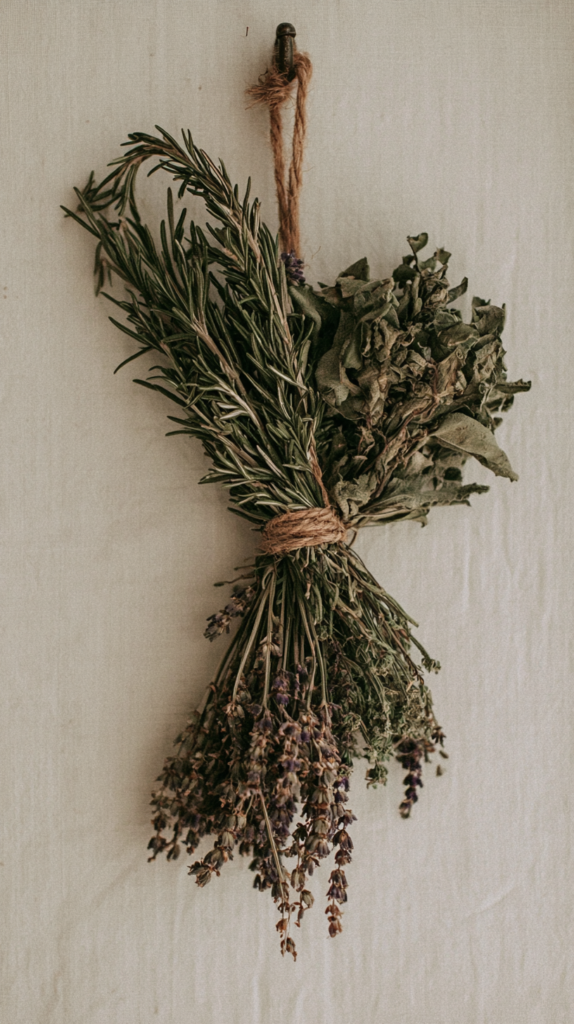 witchy-entryway-herbs Rustic dried herbs bundle—rosemary, lavender, and sage—tied with twine hanging on a neutral wall, farmhouse kitchen decor