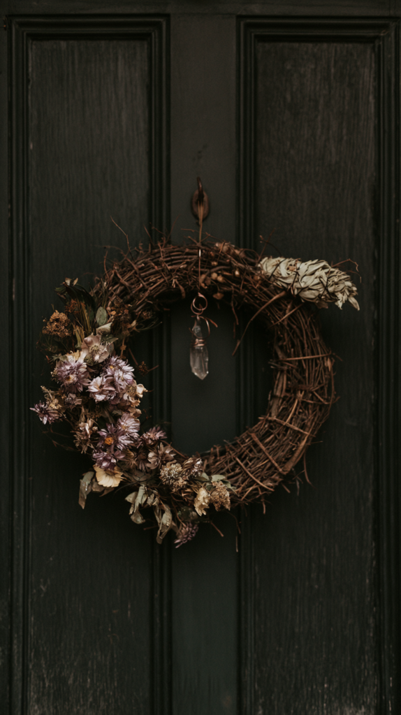 witchy-entryway-wreath Rustic grapevine wreath with dried flowers and crystal pendant on dark front door, vintage fall decor