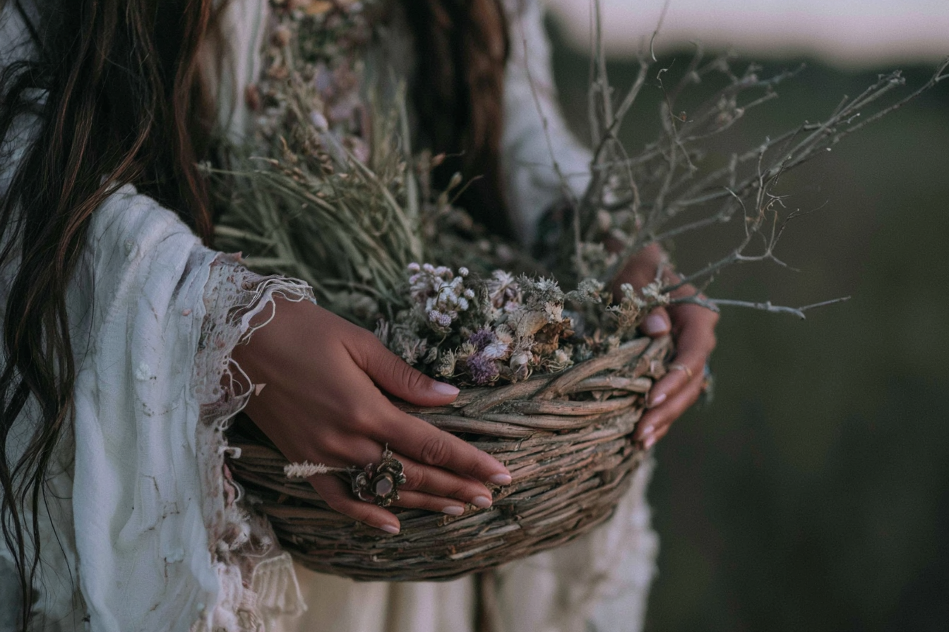 Close-up hands in boho lace holding rustic wicker basket of dried wildflowers and herbs outdoors