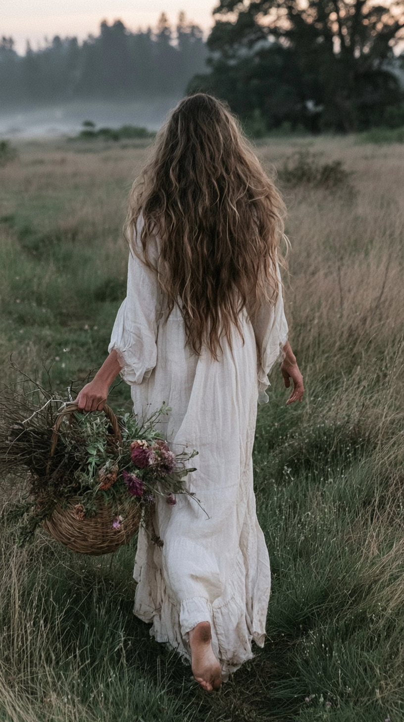 Woman in white dress walking barefoot through meadow at dusk, carrying a basket of wildflowers