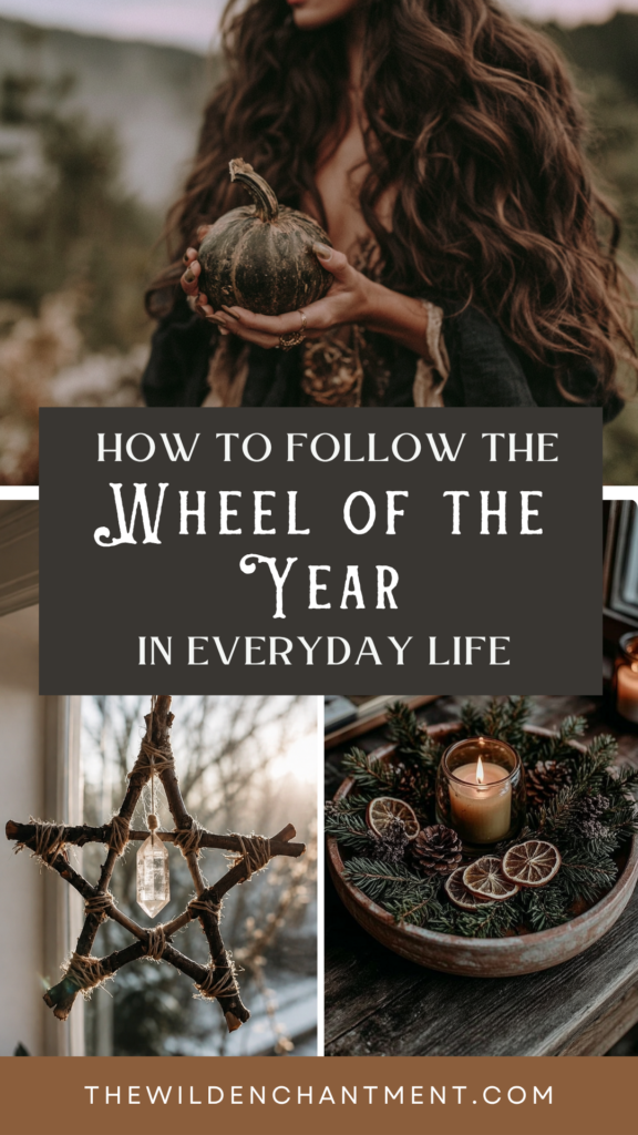 celebrate-pagan-wheel-of-the-year Wheel of the Year guide collage: woman holding pumpkin, twig star charm, Yule candle with evergreens and dried oranges.