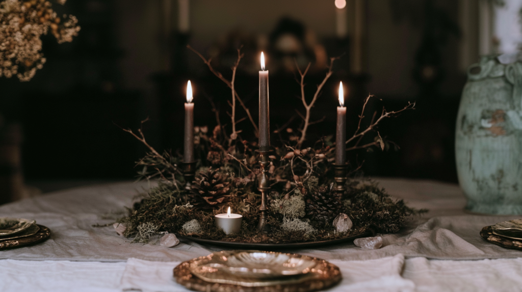 Rustic fall table centerpiece with three taper candles, moss, pinecones and branches on linen table, moody holiday dinner.