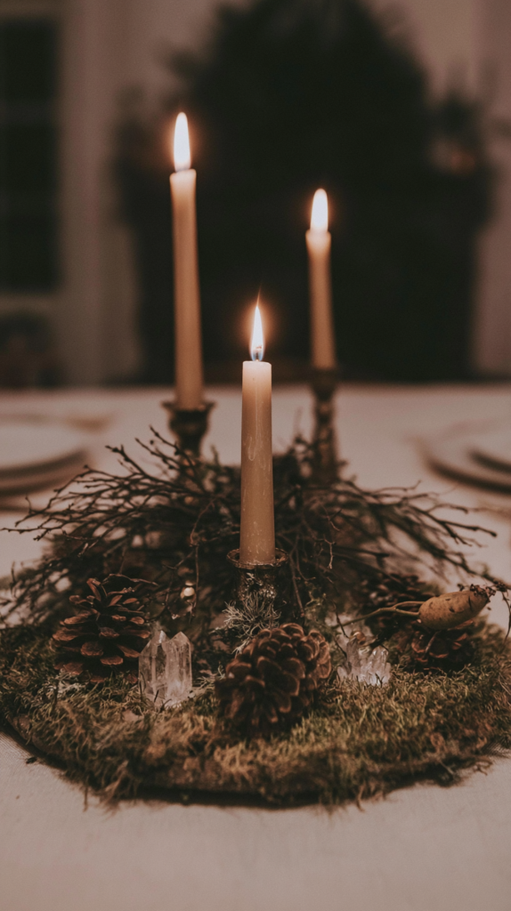 fall-centerpiece-3 Candlelit rustic Christmas table centerpiece with three taper candles, pinecones and moss for cozy winter dinner decor.