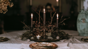 Rustic fall table centerpiece with three taper candles, moss, pinecones and branches on linen table, moody holiday dinner.
