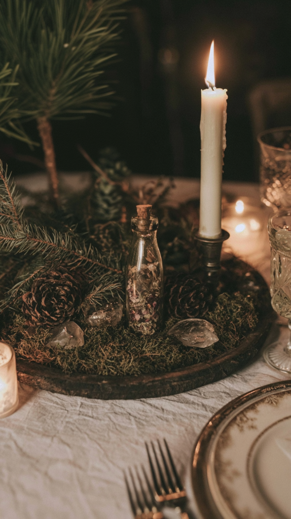 fall-centerpiece-crystals Candlelit rustic winter tablescape with lit taper candle, pine, pinecones, moss, apothecary bottle and crystals
