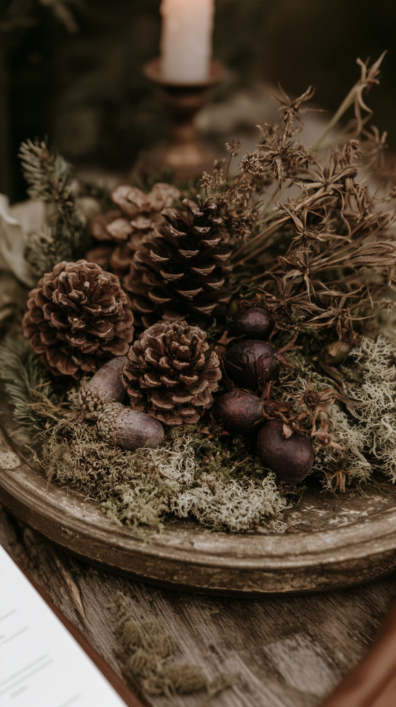 fall-centerpiece-layers Rustic woodland centerpiece with pinecones, acorns, moss, and berries on a tray, candlelit table decor.