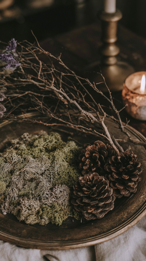 fall-centerpiece-supplies Rustic autumn decor with pinecones, moss, and twigs on a wooden tray beside a lit candle centerpiece.