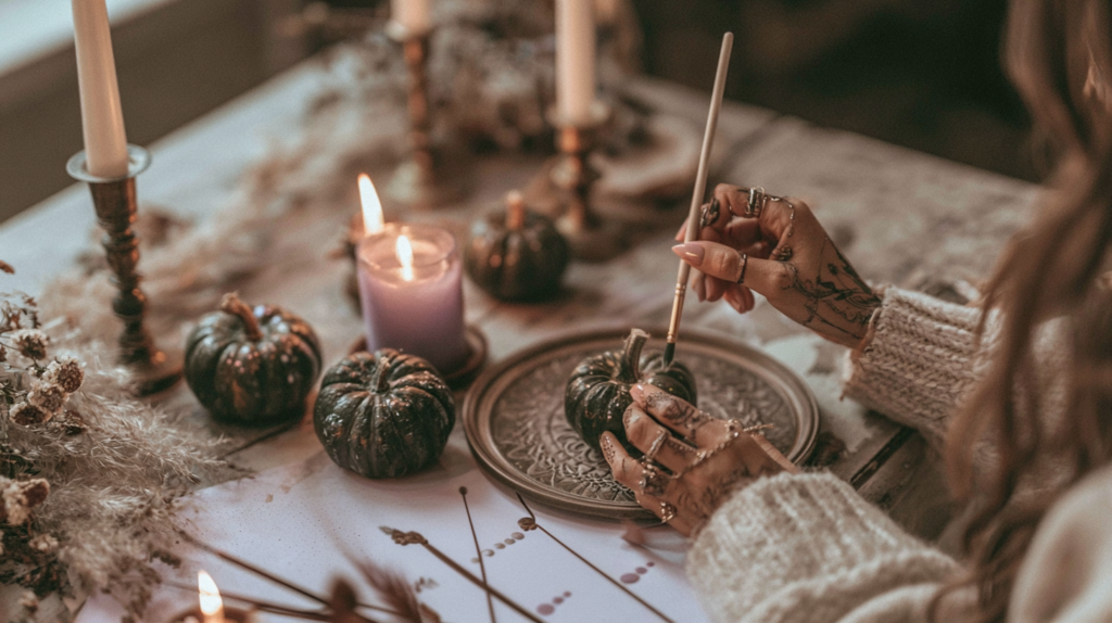 Cozy autumn Halloween craft: hands painting mini pumpkins by candlelight on rustic table, fall home decor.