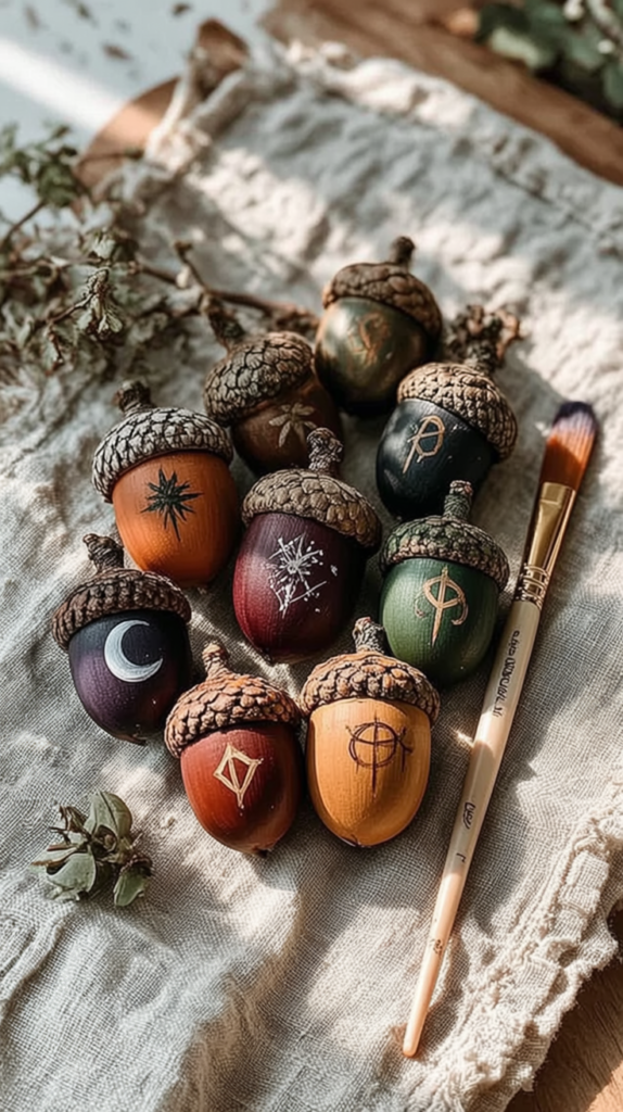 Hand-painted acorns with runes and celestial symbols on linen, rustic autumn DIY decor with paintbrush