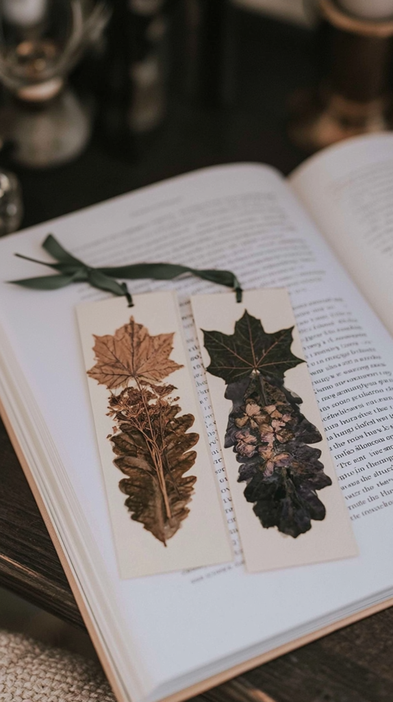 Handmade pressed leaf and flower bookmarks on an open book with green ribbon, cozy botanical reading aesthetic