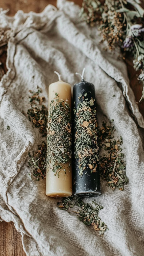 Herb-coated beige and black pillar candles on rustic linen, botanical home decor and natural wellness vibe