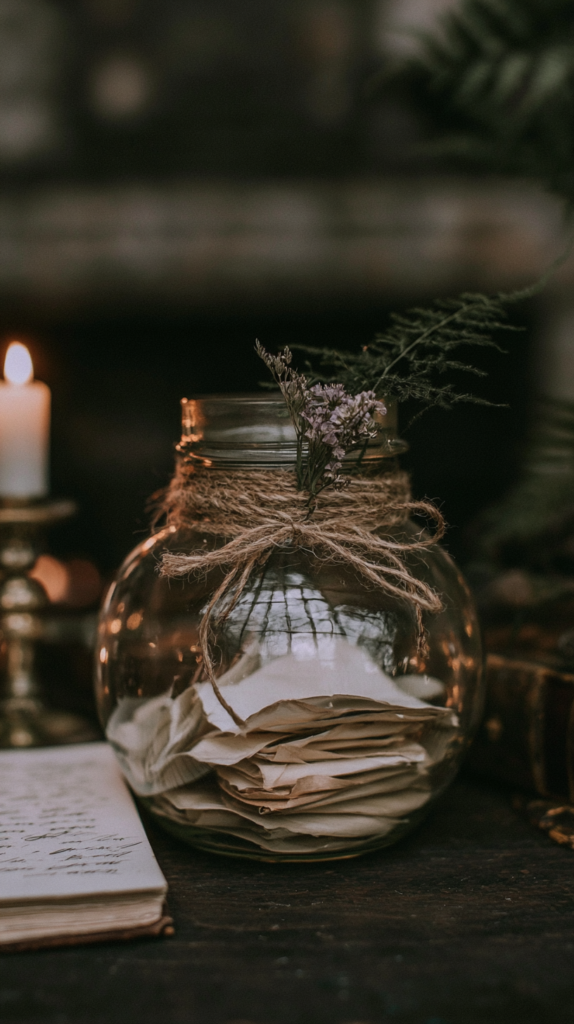 Rustic glass jar with twine and flowers holding folded letters on vintage desk, candlelight ambiance, cozy cottage decor