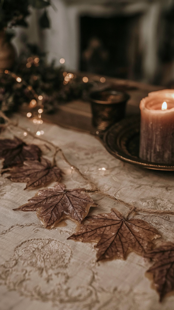 Rustic autumn table decor with maple leaf garland on lace tablecloth, lit candle and fairy lights, cozy fall ambiance.