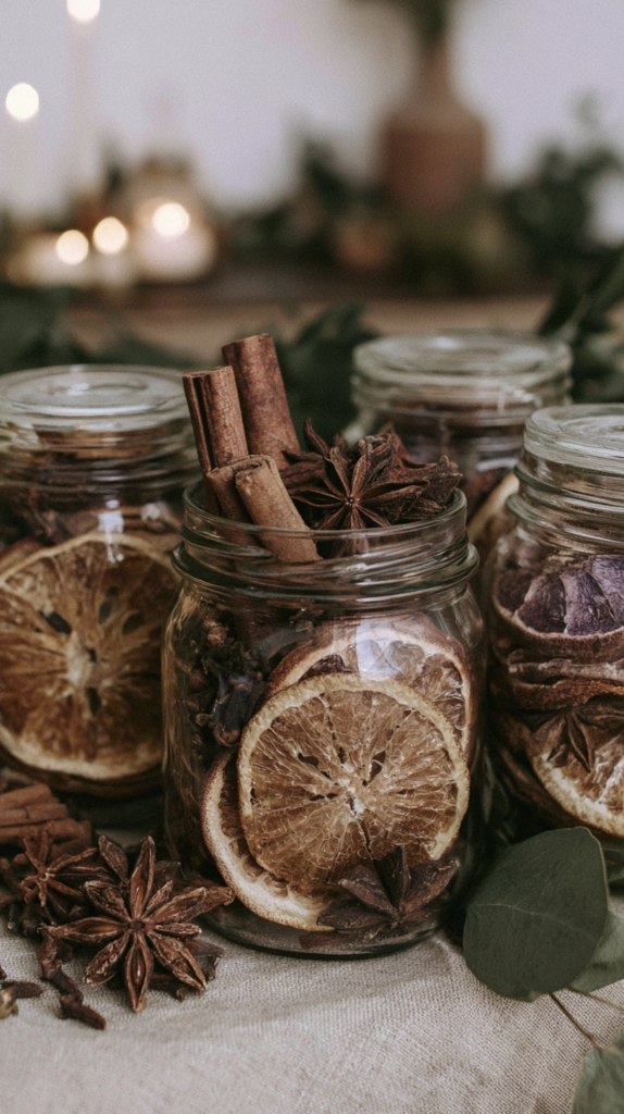 Dried orange slices, cinnamon sticks and star anise in mason jars—rustic holiday potpourri and kitchen decor.
