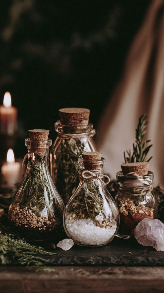 Vintage apothecary jars filled with dried herbs, sea salt, and spices beside crystals and candles.