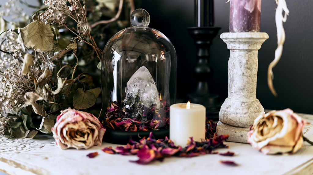 Quartz crystal under glass cloche with dried roses and lit candle on moody altar table, boho goth home decor