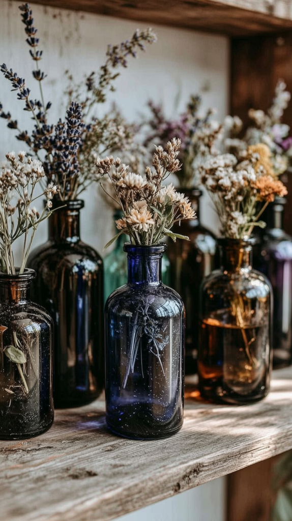 glass-vessels-styling-botanical-bottles Dried flowers in vintage amber and cobalt glass apothecary bottles on a rustic wooden shelf, farmhouse decor.