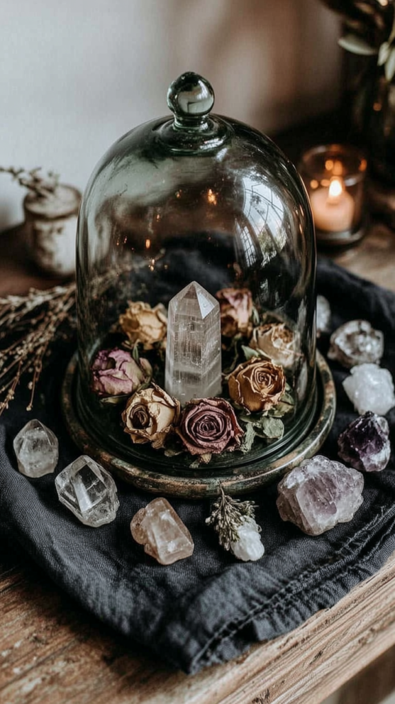 glass-vessels-styling-cloche2 Clear quartz tower under glass cloche with dried roses, surrounded by crystals on rustic altar, candlelit boho decor.