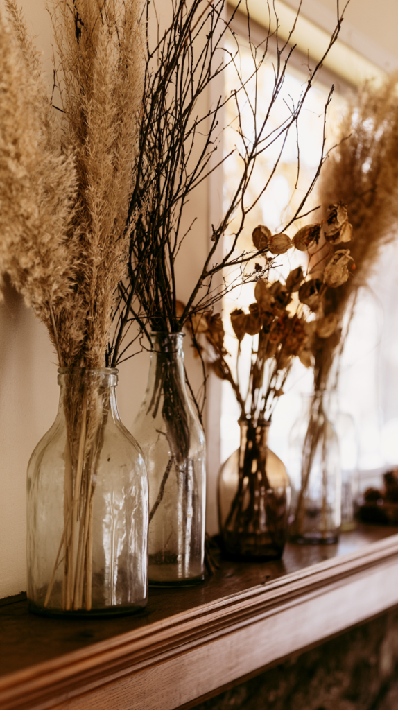 glass-vessels-styling-dried-grasses Boho home decor: dried pampas grass and twigs in glass vases on wooden mantel in warm natural light