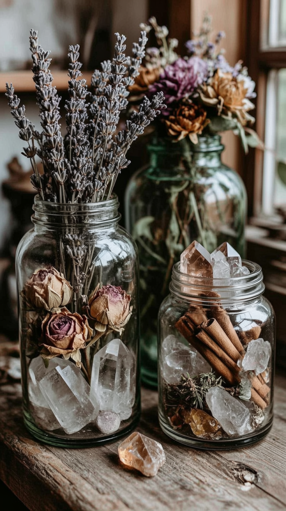 glass-vessels-styling-jars Rustic mason jars with dried lavender, roses, cinnamon sticks and clear quartz crystals on wooden windowsill, boho decor.