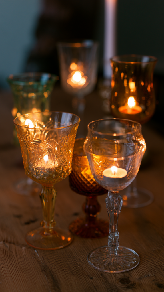 glass-vessels-styling-wine-glasses Vintage glass goblets with tealight candles glowing on a rustic wooden table, cozy romantic evening decor.
