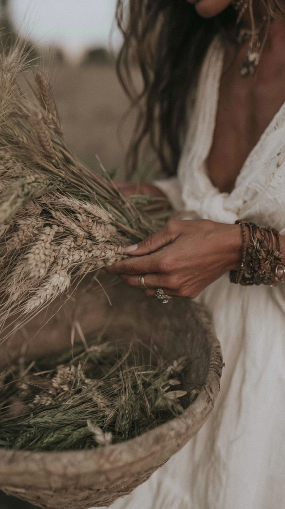 lugnasadh Boho woman harvesting wheat by hand, rustic basket and grain in field, organic autumn farm lifestyle.