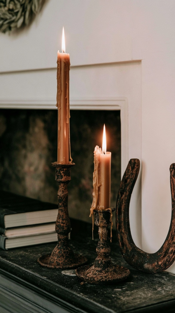 primative-autumn-decor-candles Rustic mantel decor with two lit taper candles on antique holders, wax drips, books and a horseshoe, cozy vintage vibe