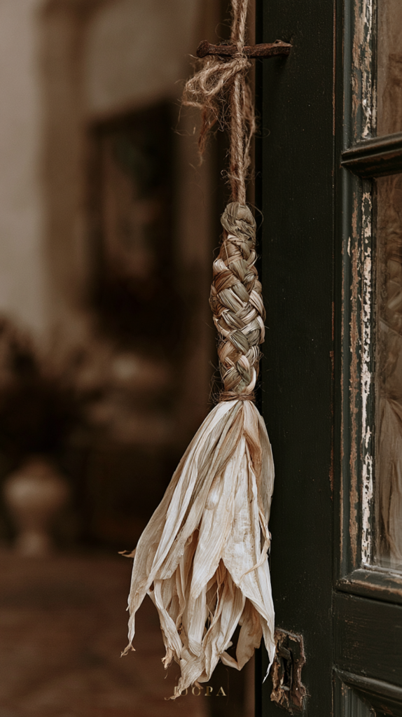 primative-autumn-decor-corn-husk Rustic braided corn husk tassel hanging on vintage door, farmhouse decor, natural fall harvest ornament