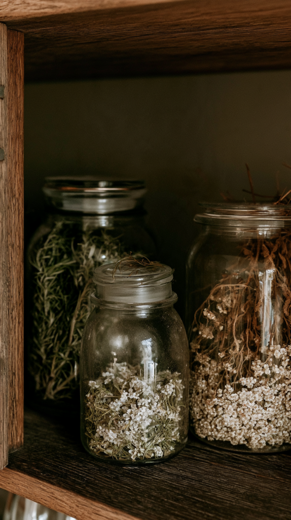 primative-autumn-decor-jars Glass jars of dried herbs and flowers on a rustic wooden shelf, vintage apothecary kitchen storage.