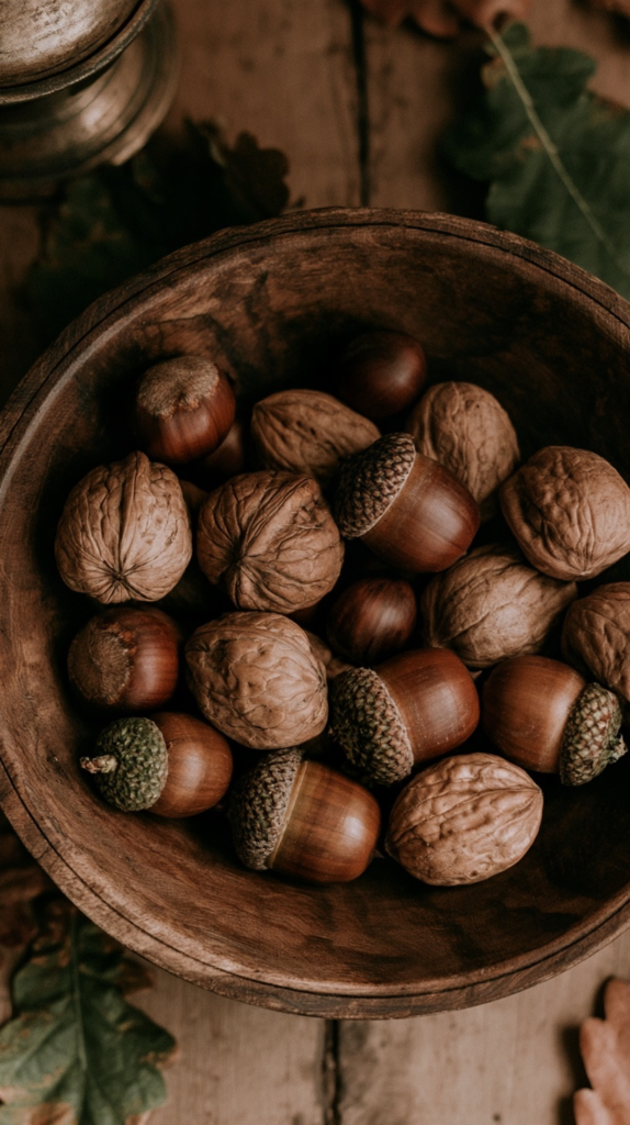 primative-autumn-decor-nuts Rustic wooden bowl filled with autumn nuts: walnuts, acorns and hazelnuts on a wooden table.