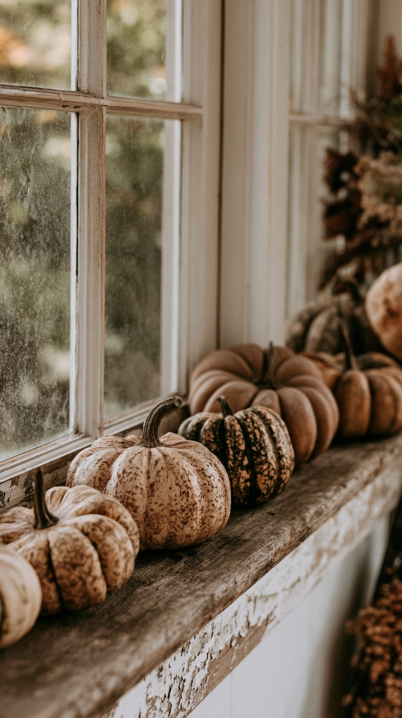 primative-autumn-decor-pumpkins Rustic fall decor: small speckled pumpkins on a weathered windowsill by vintage farmhouse window.