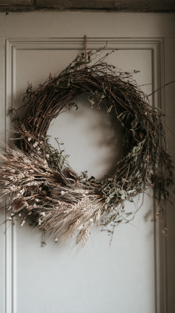 primative-autumn-decor-wreath Rustic dried wreath with wheat and twigs hanging on a neutral door, farmhouse fall decor.