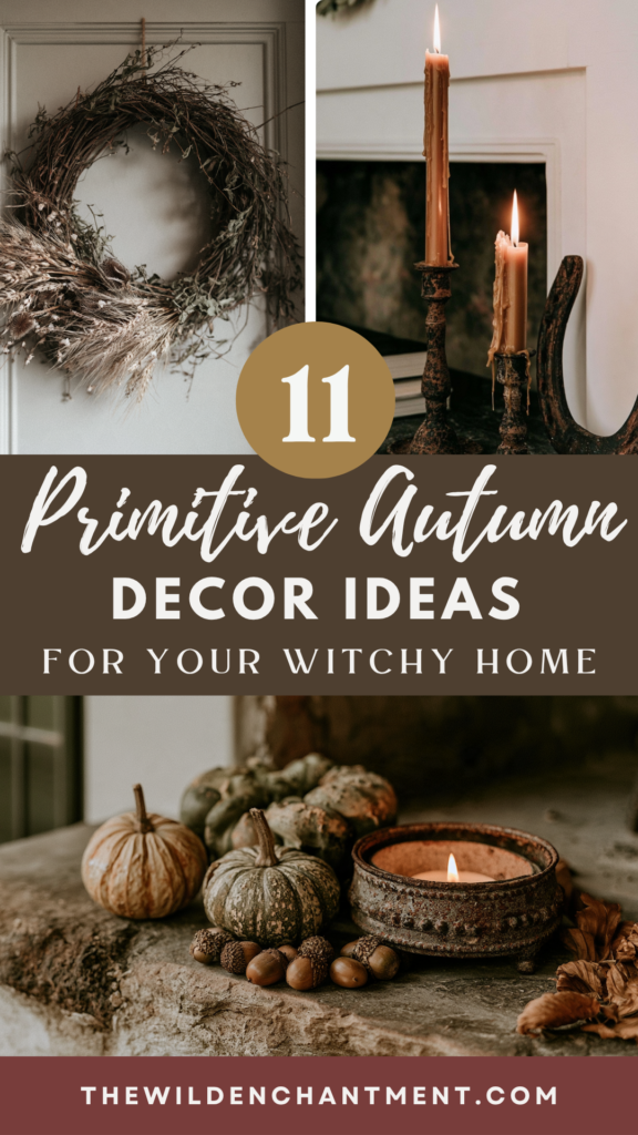 primitive-autumn-decor-ideas 11 primitive autumn decor ideas for a witchy home: rustic wreath, taper candles, pumpkins, acorns, cozy candle