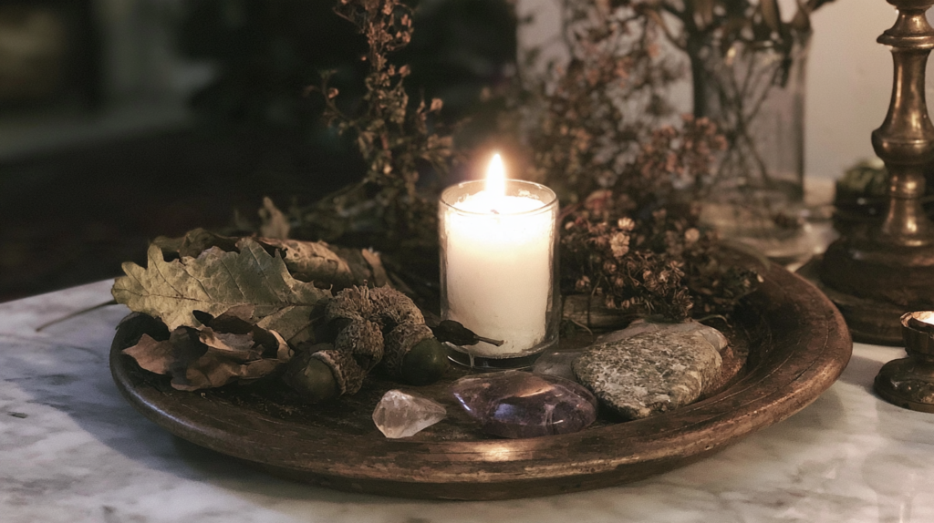 Lit candle on rustic wooden tray with dried leaves, acorns, crystals, and stones on marble table, cozy autumn home decor
