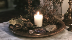Lit candle on rustic wooden tray with dried leaves, acorns, crystals, and stones on marble table, cozy autumn home decor