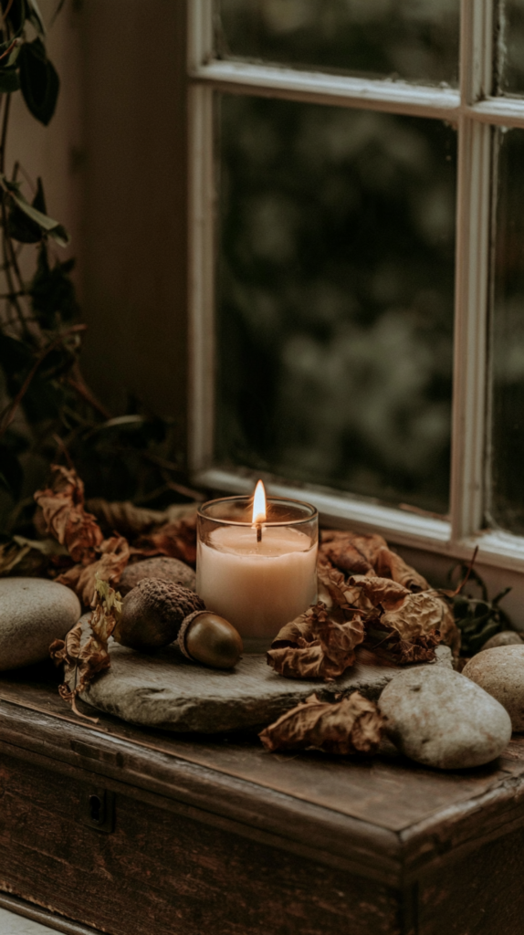 Lit candle in glass on rustic windowsill with acorns, pebbles and dried leaves, cozy autumn home decor