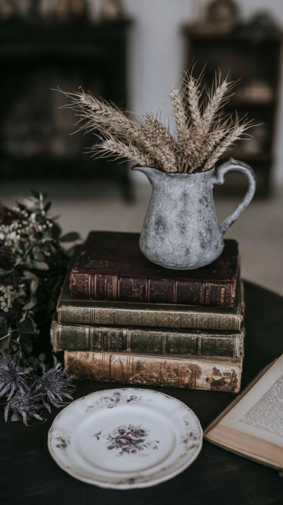 Rustic still life with dried wheat in gray pitcher on antique books, vintage floral plate and open book, cozy farmhouse decor