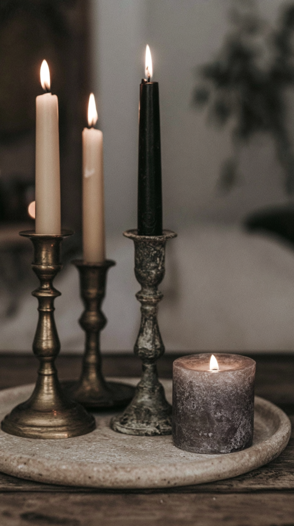 Lit vintage brass candlesticks and black taper with rustic pillar candle on stone tray, cozy moody home decor.