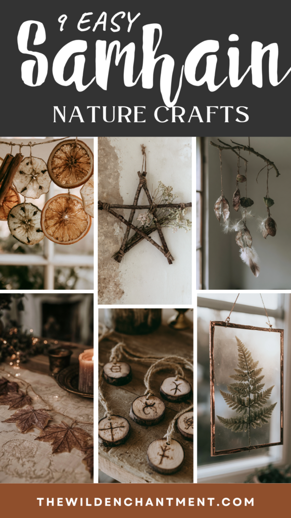 samhain-nature-crafts Collage of 9 easy Samhain nature crafts: dried citrus garland, twig pentacle, leaf mobile, rune wood slices, pressed fern art