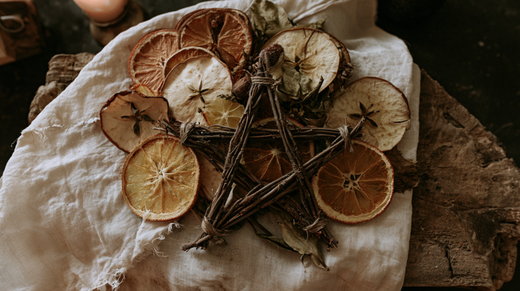 Dried orange and apple slices with a rustic twig star on linen cloth and wood, moody natural fall decor flat lay.