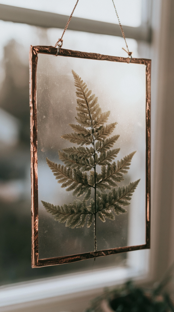 samhain-nature-crafts-fern Pressed fern in copper glass hanging frame by a window, vintage botanical wall art home decor.
