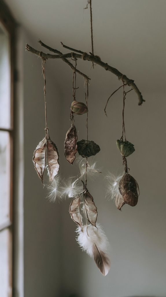 samhain-nature-crafts-mobil Boho rustic mobile with dried seed pods and feathers hanging from a twig by a window, natural home decor.