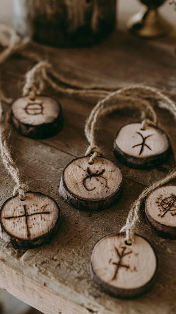 samhain-nature-crafts-wood-slice-ornaments Handmade wood slice rune pendants with twine, rustic engraved wooden charms on a table