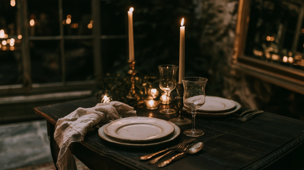 Romantic candlelit dinner table for two with vintage plates, wine glasses, brass candlesticks and linens, rustic setting
