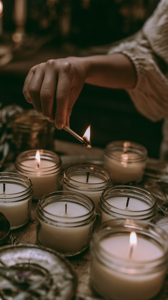 Hand lighting soy candles in mason jars with a match, cozy aromatherapy home decor setup on rustic table.