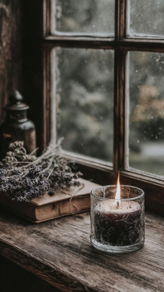 Cozy rustic windowsill with lit glass candle, dried lavender and vintage book on a rainy day, warm hygge ambiance.