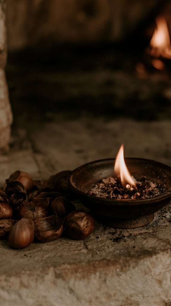 Rustic clay bowl with burning incense and embers on stone hearth, surrounded by hazelnut shells, warm cozy ambiance